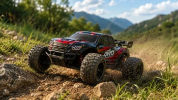 Off-road RC car driving over grass, dirt, and rocky terrain outdoors